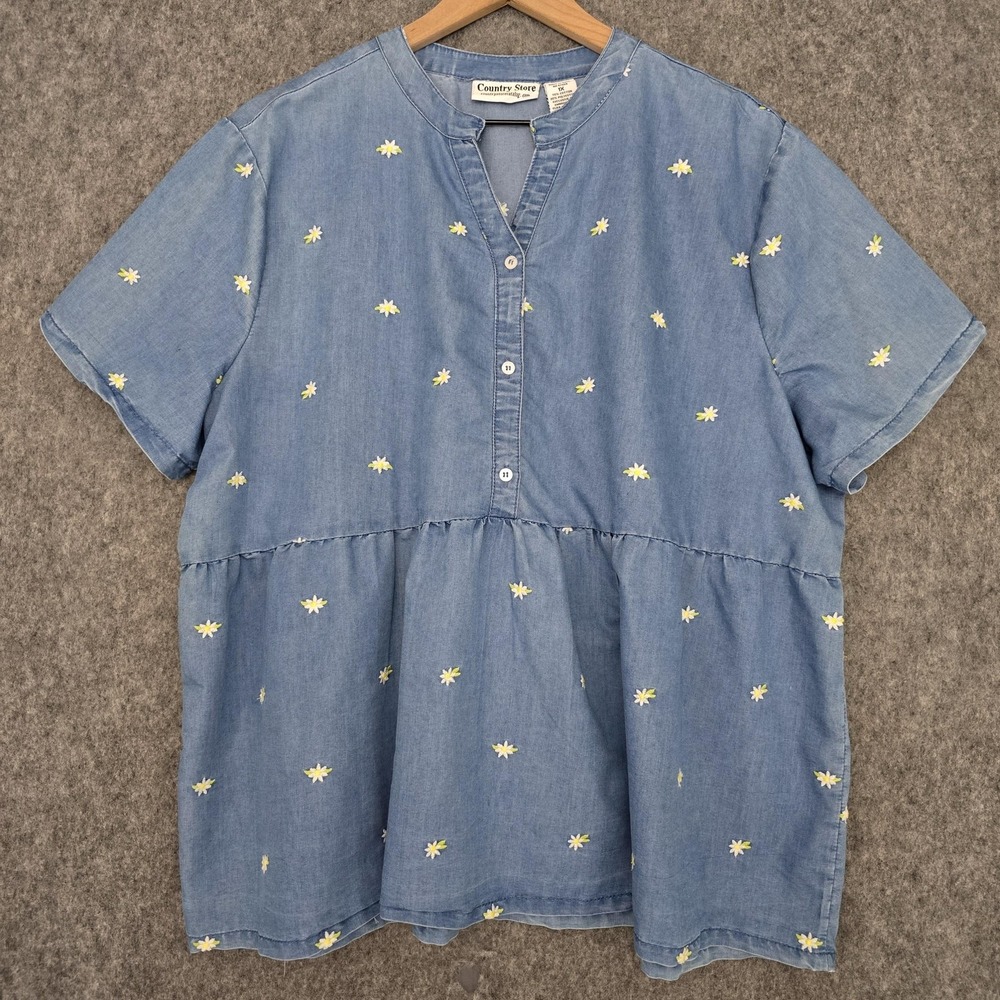 Country Store Blue Denim Peplum Top With Embroidered Daisys